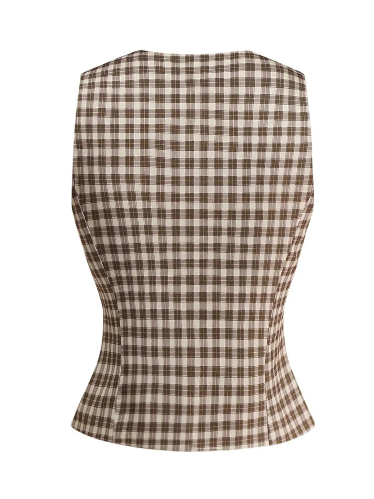 2PCS Gilet et jupe plissés à carreaux vichy marron des années 1960 - Image 4