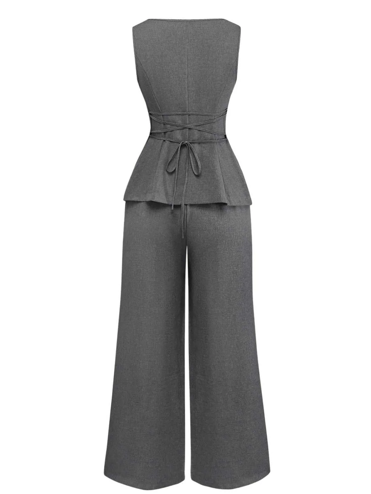 2PCS Gilet et pantalon large style bureau uni des années 1940 - Image 2