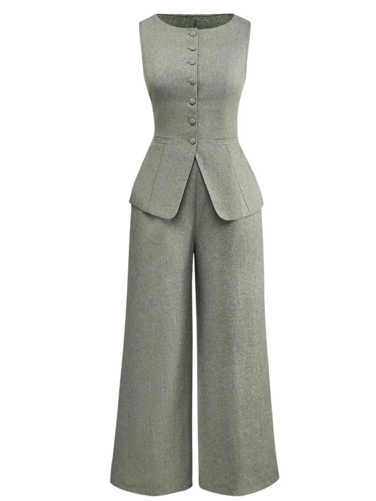 2PCS Gilet et pantalon large style bureau uni des années 1940 - Image 3