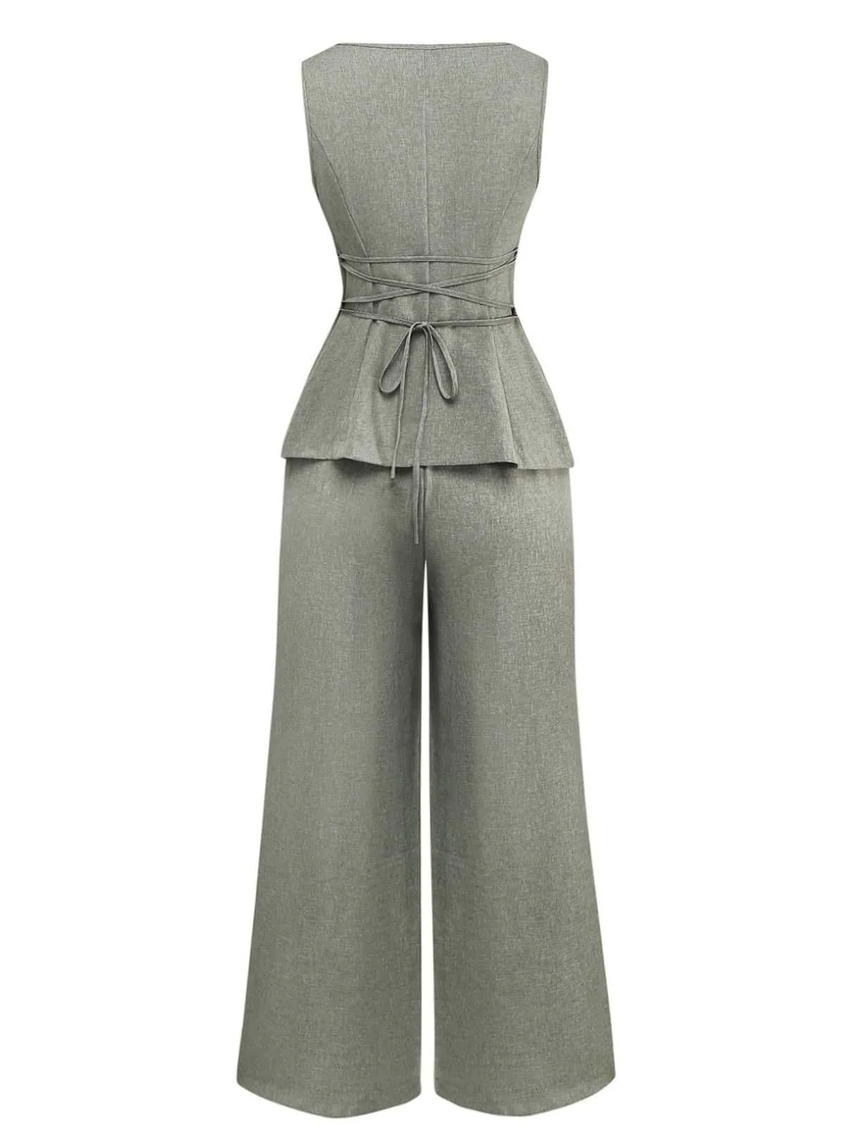 2PCS Gilet et pantalon large style bureau uni des années 1940 - Image 4