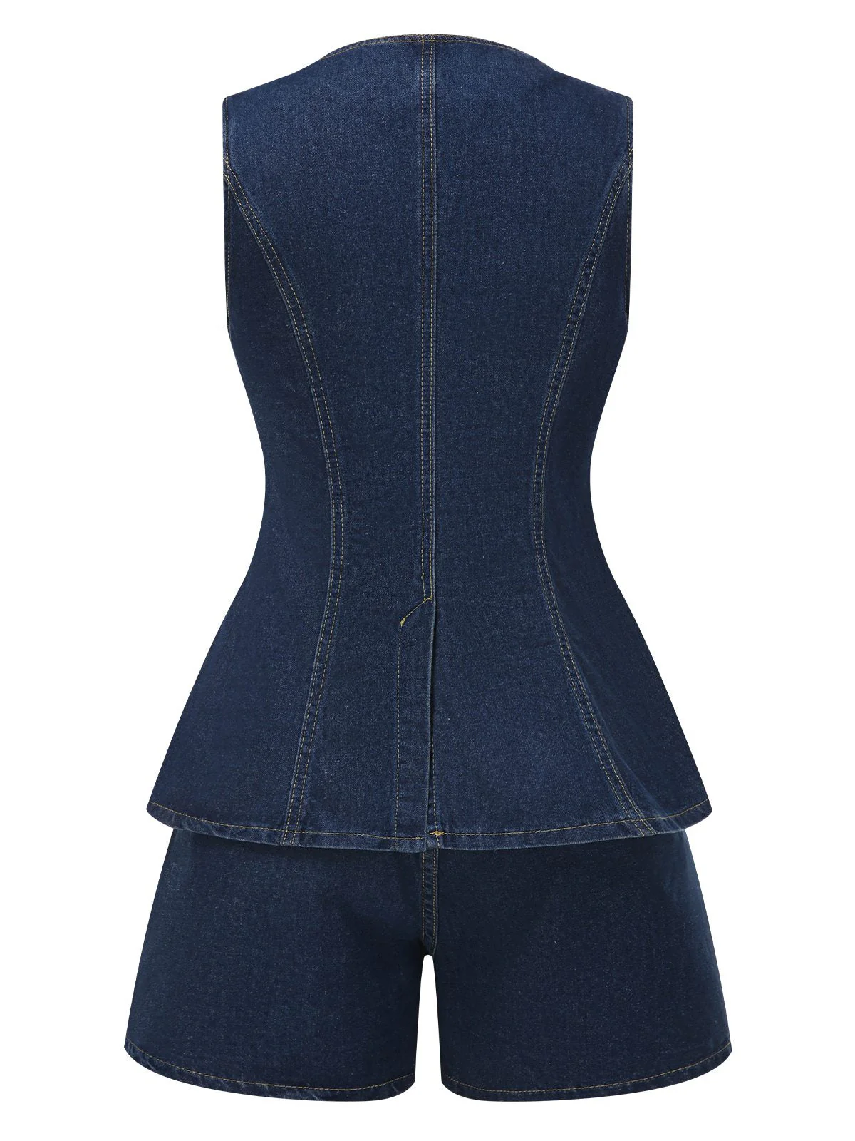 2PCS Gilet et short en jean bleu uni boutonné des années 1960 - Image 3
