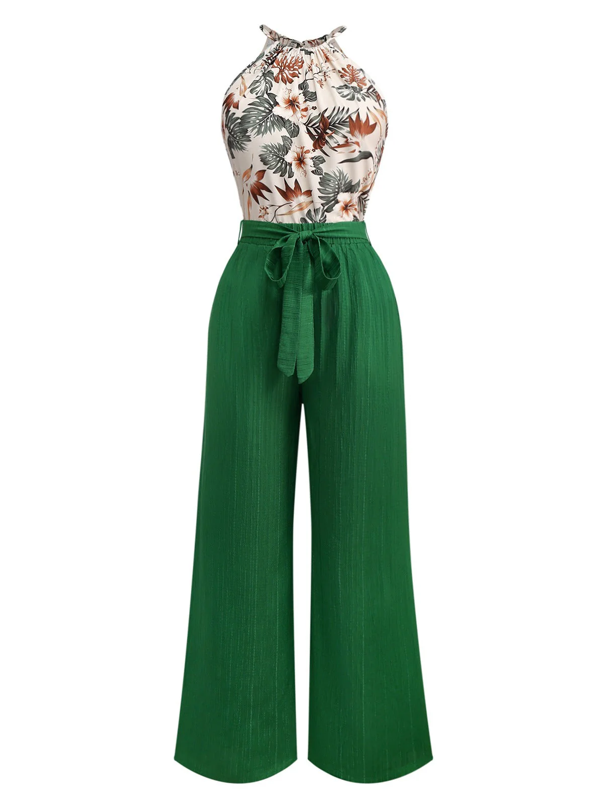 2PCS Haut dos nu motifs de plantes tropicales et pantalon texturé vertes années 1950