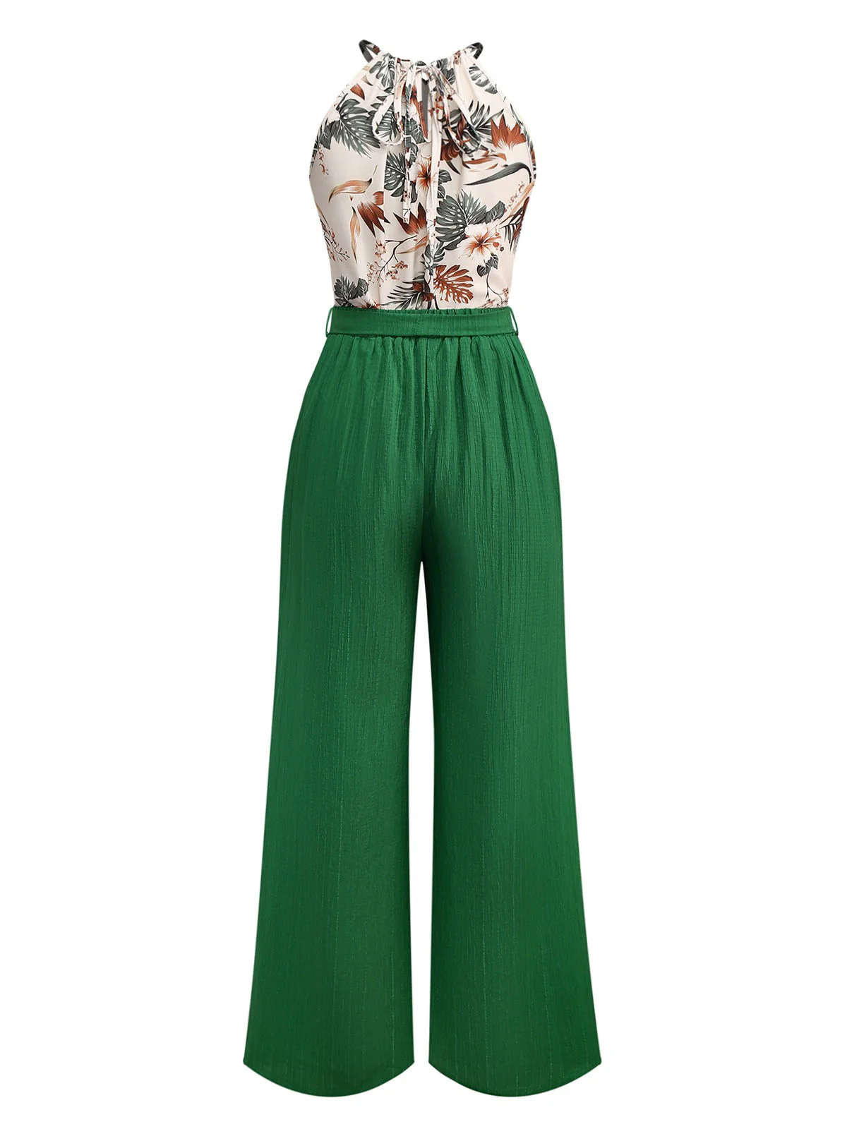 2PCS Haut dos nu motifs de plantes tropicales et pantalon texturé vertes années 1950 - Image 2