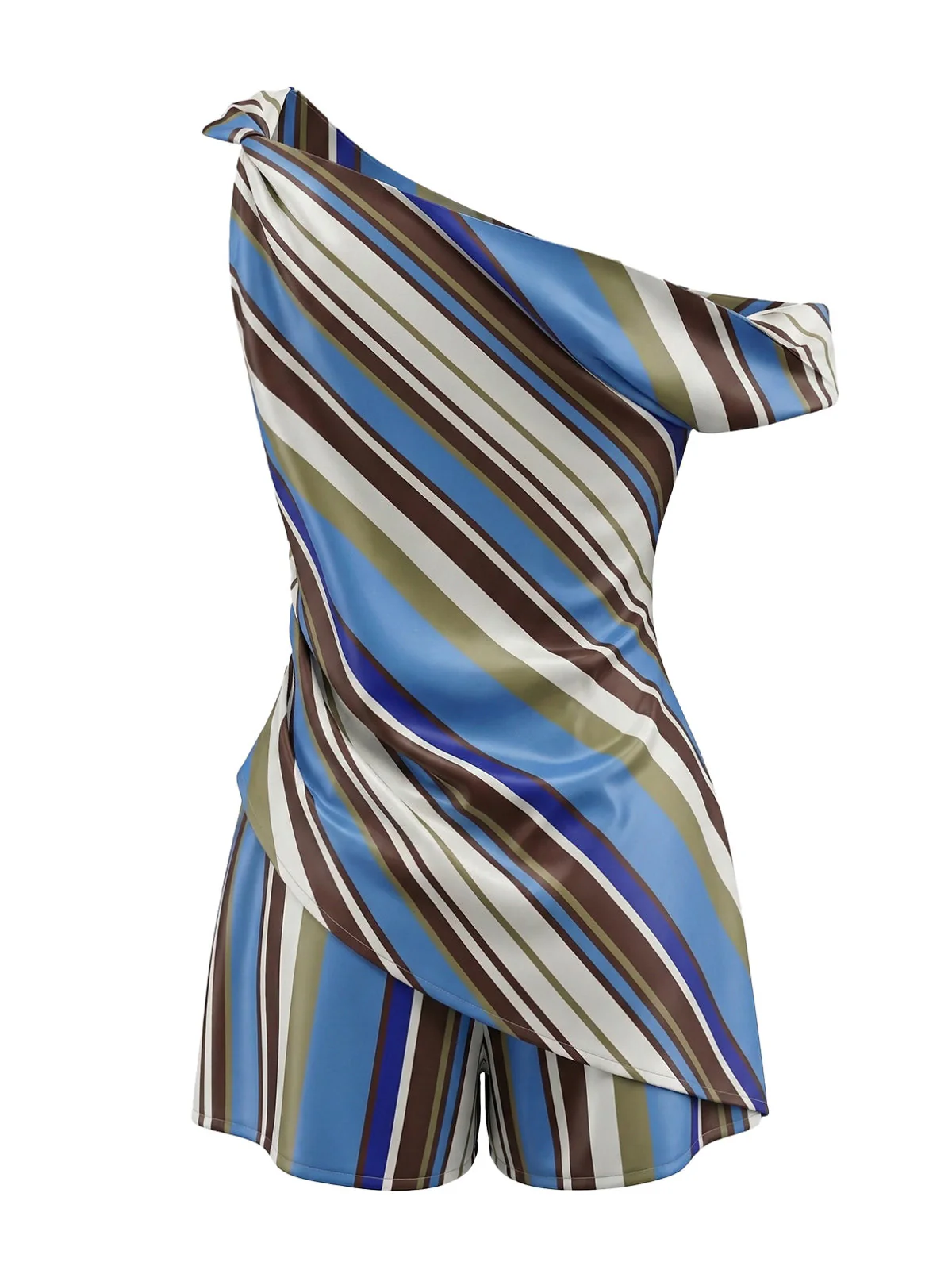 2PCS Haut asymétrique rayé color block et short années 1940 - Image 3