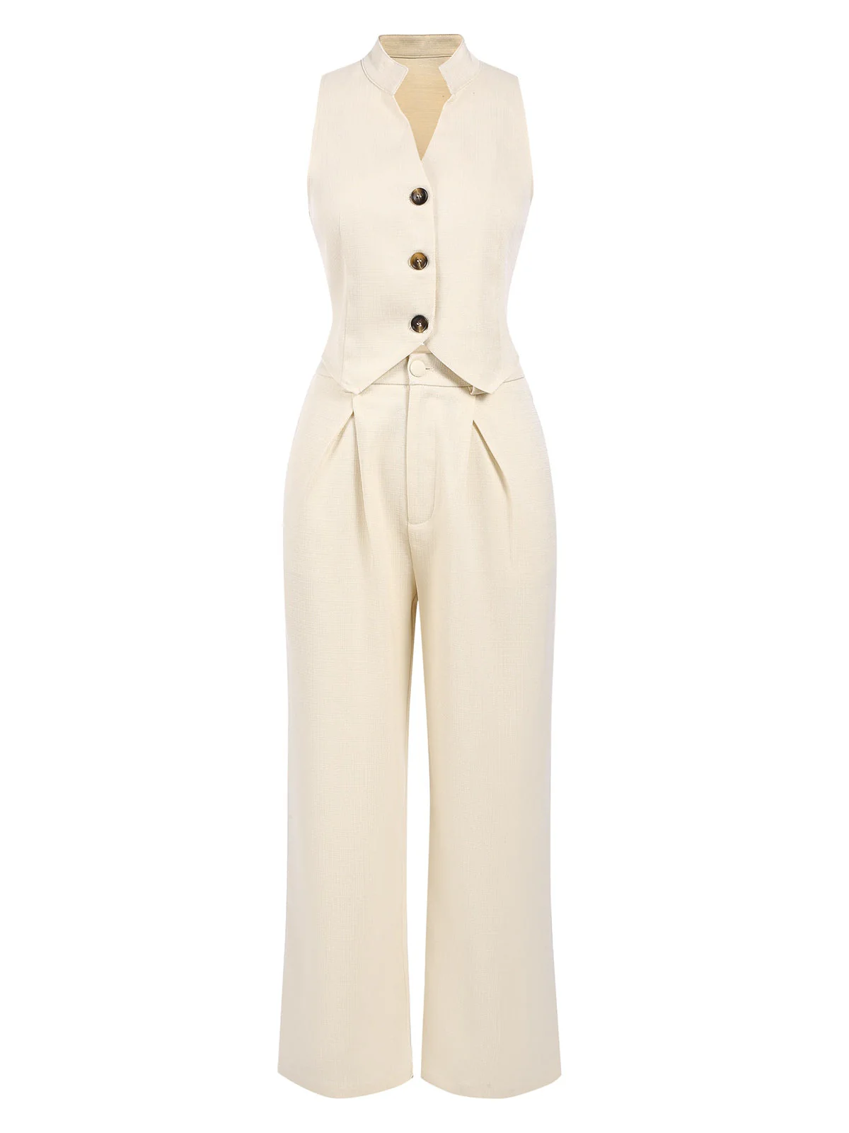 2PCS Haut boutonné beige des années 1960 et pantalon large à poches