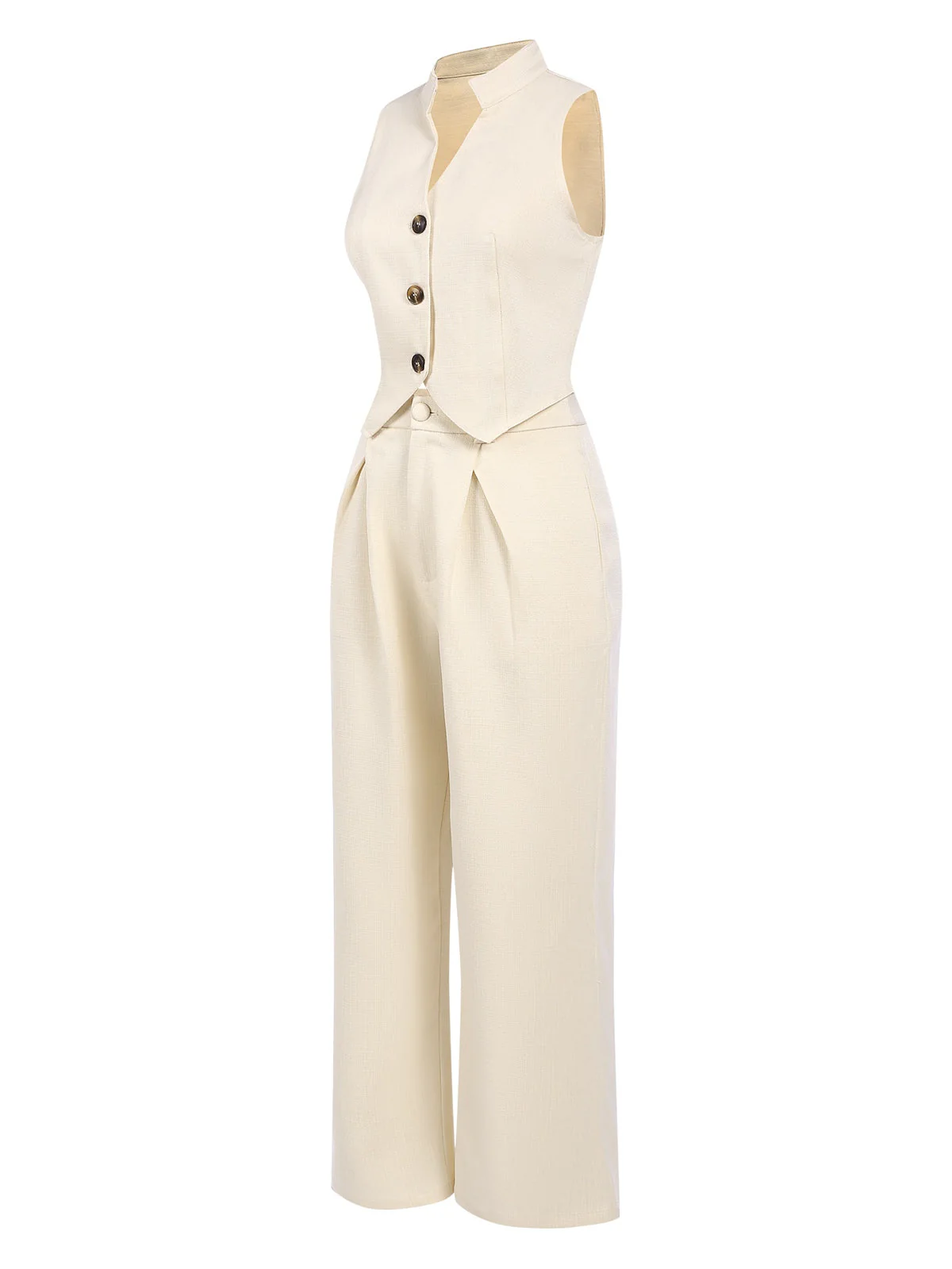 2PCS Haut boutonné beige des années 1960 et pantalon large à poches - Image 3