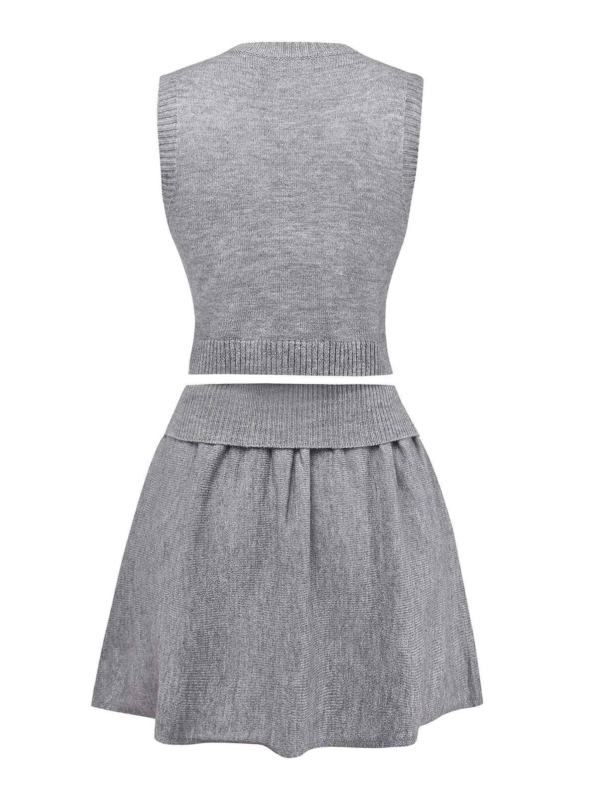 2PCS Haut et jupe en tricot gris à col en V années 1960 - Image 2