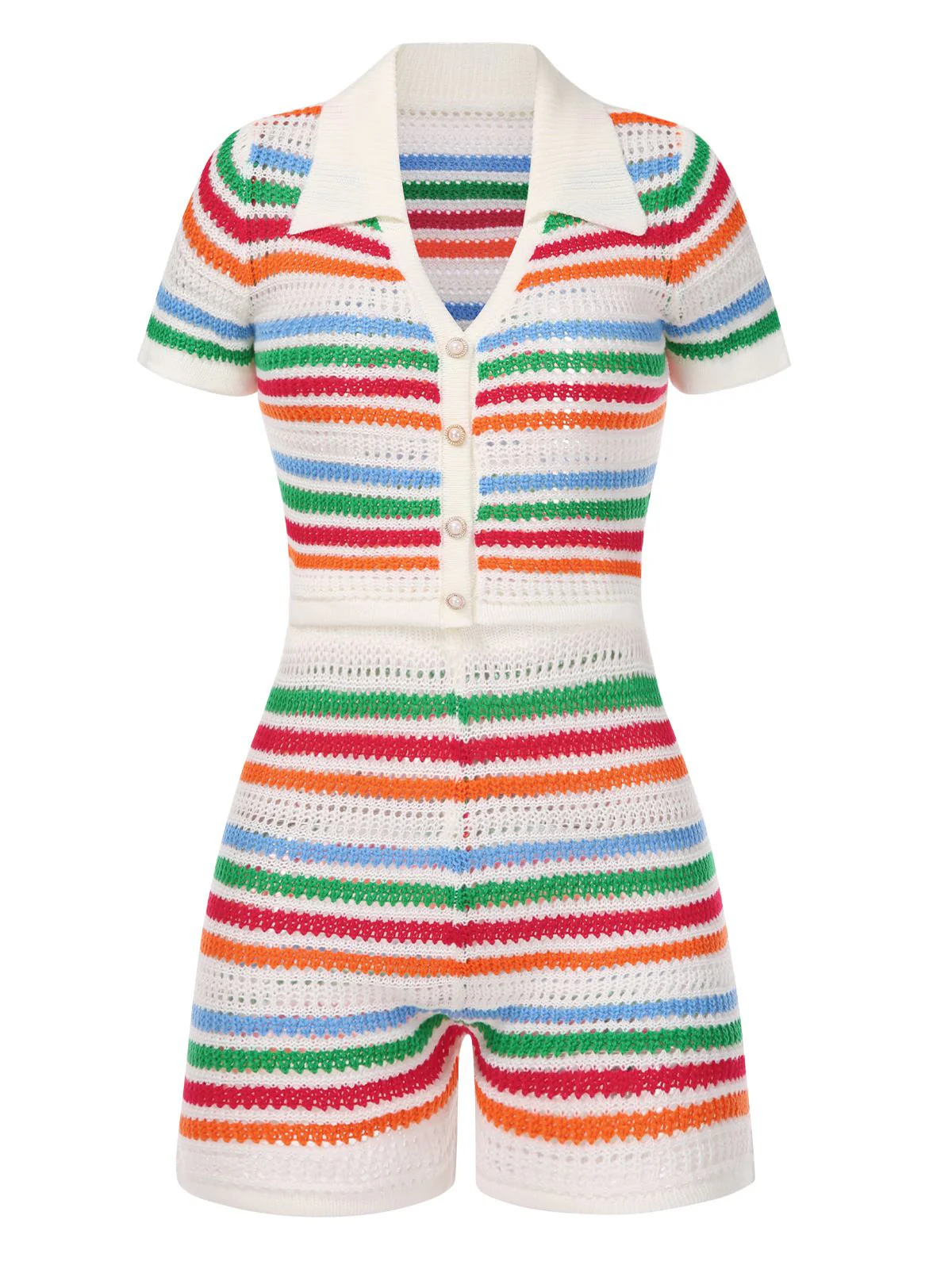 2PCS Haut et short tricotés à rayures arc-en-ciel des années 1970