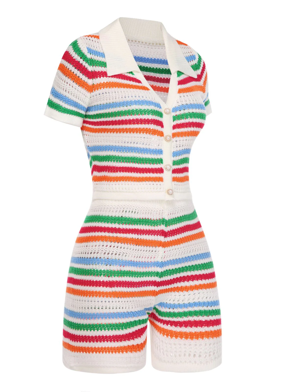 2PCS Haut et short tricotés à rayures arc-en-ciel des années 1970 - Image 2