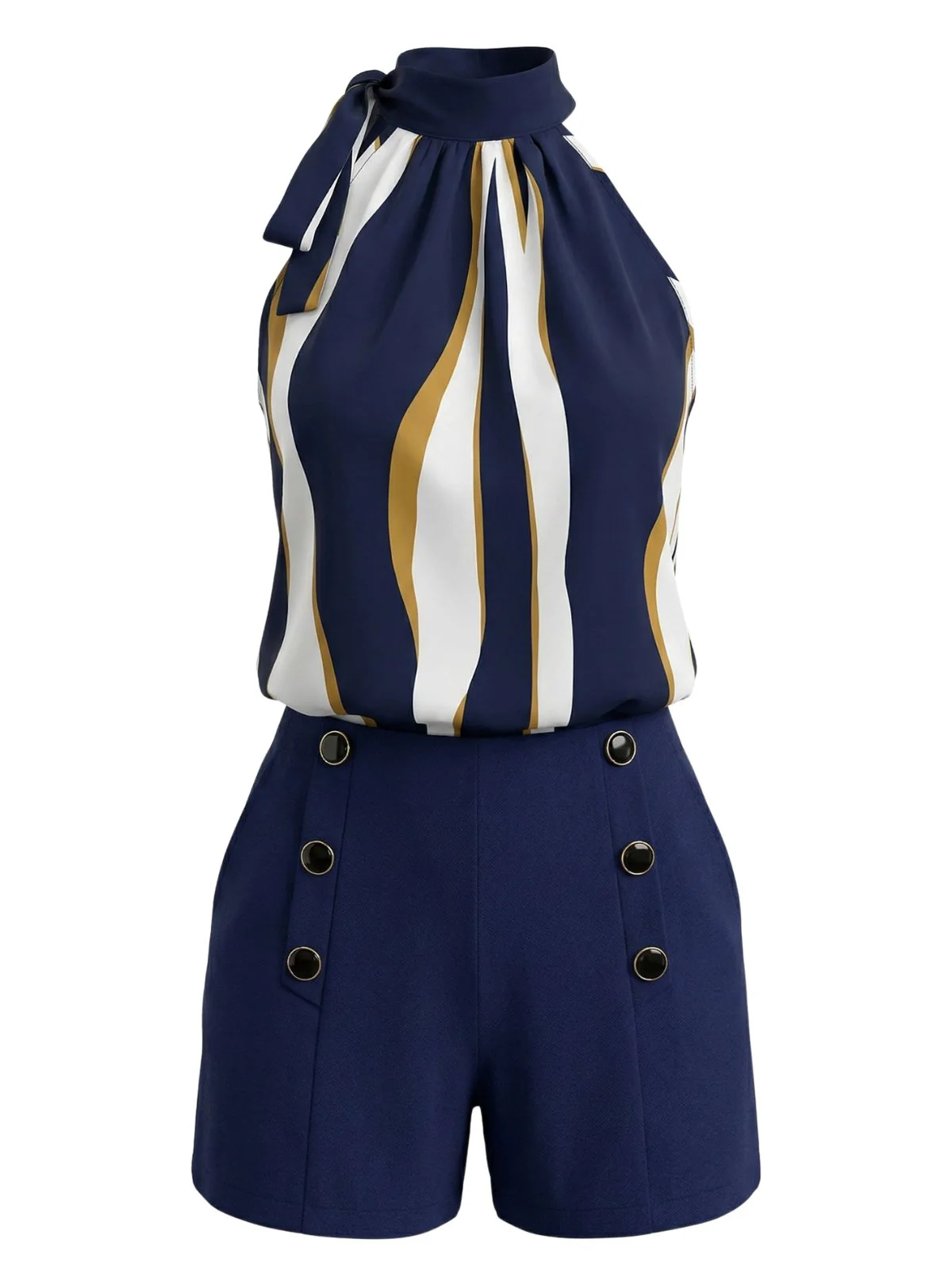 2PCS Haut Licou Rayé Et Short Boutonné Bleu Marine Années 1950 - Image 2