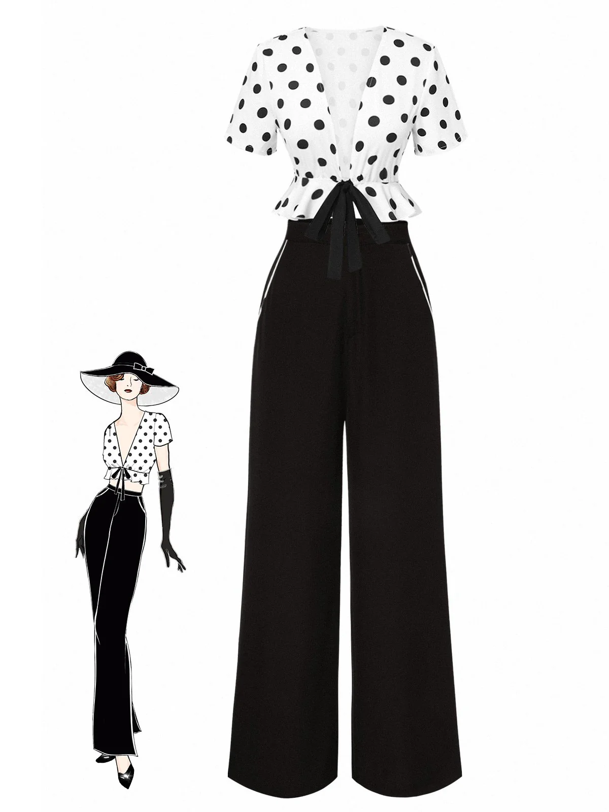2PCS haut à pois et pantalon droit blanc et noir années 50