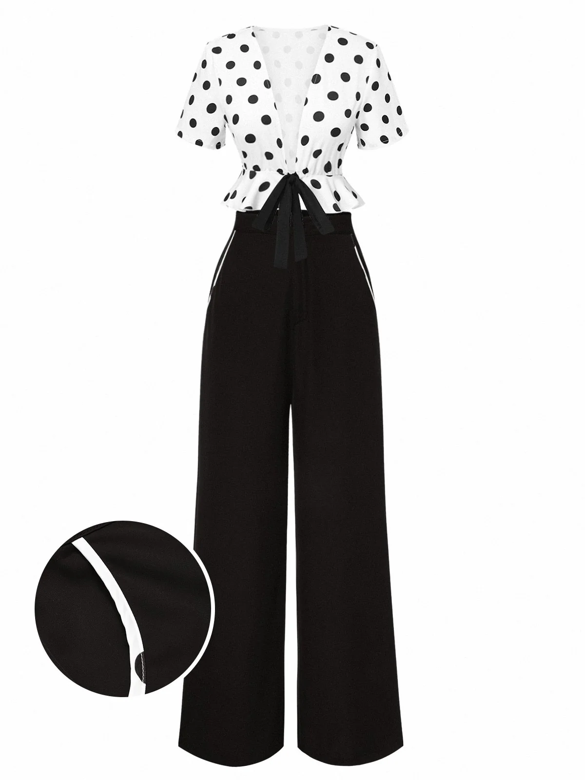 2PCS haut à pois et pantalon droit blanc et noir années 50 - Image 2