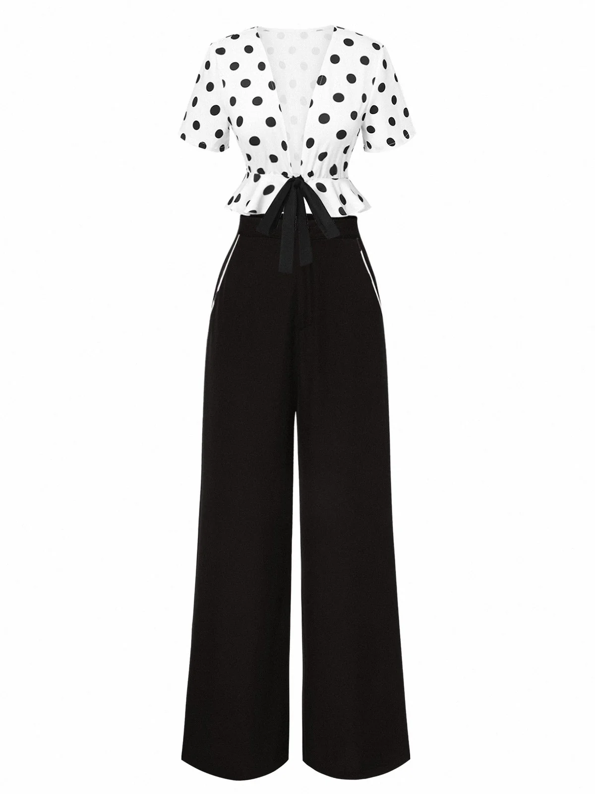2PCS haut à pois et pantalon droit blanc et noir années 50 - Image 3