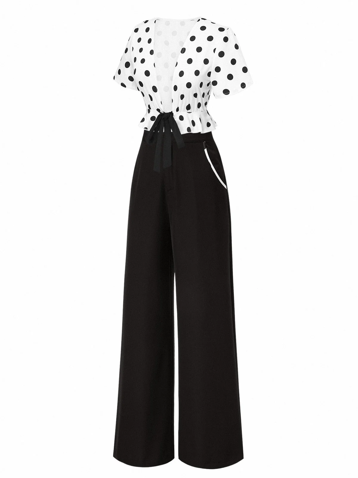 2PCS haut à pois et pantalon droit blanc et noir années 50 - Image 4