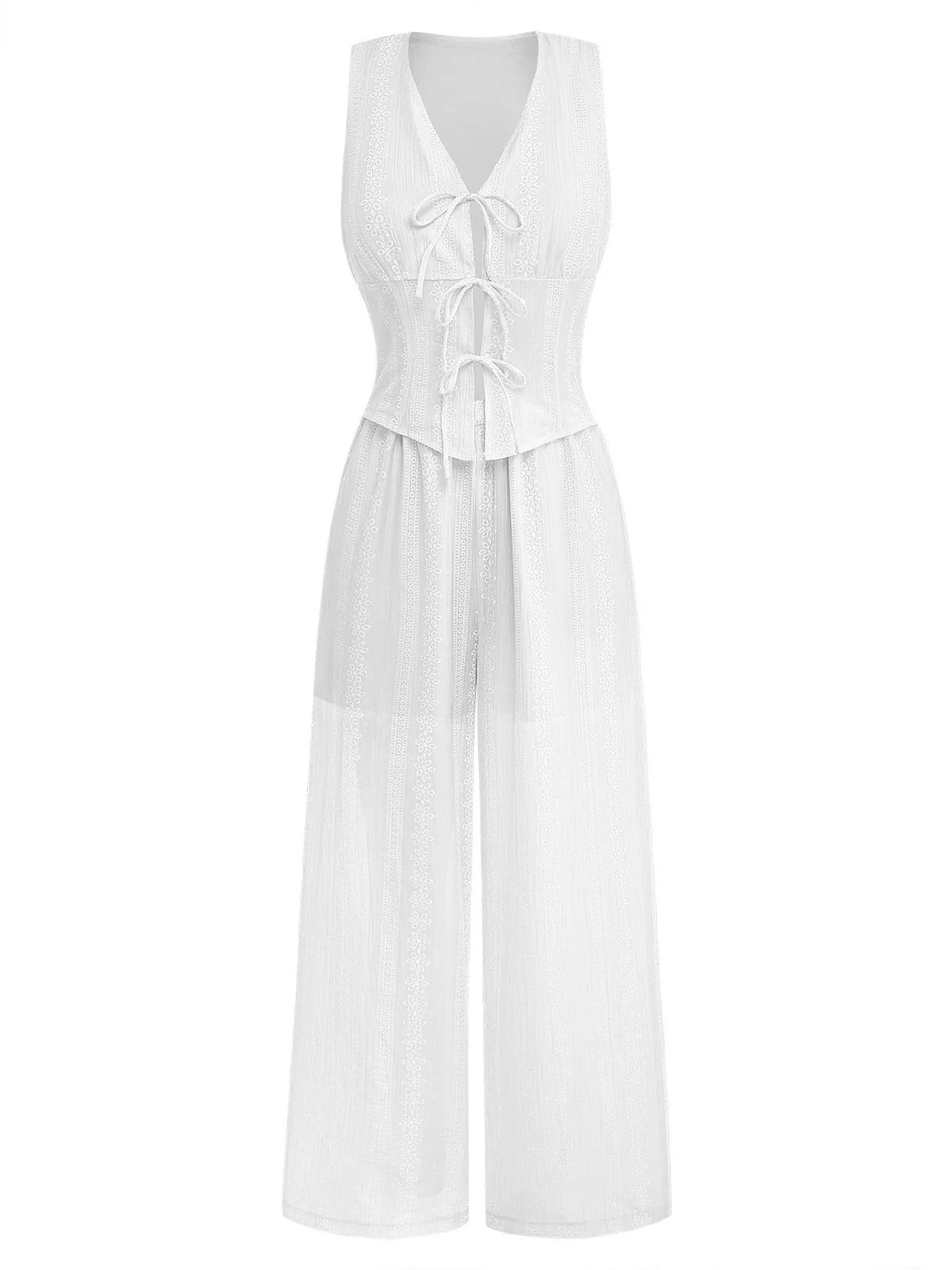 2PCS Haut Sans Manches Avec Nœud & Pantalon Blanc Années 1950