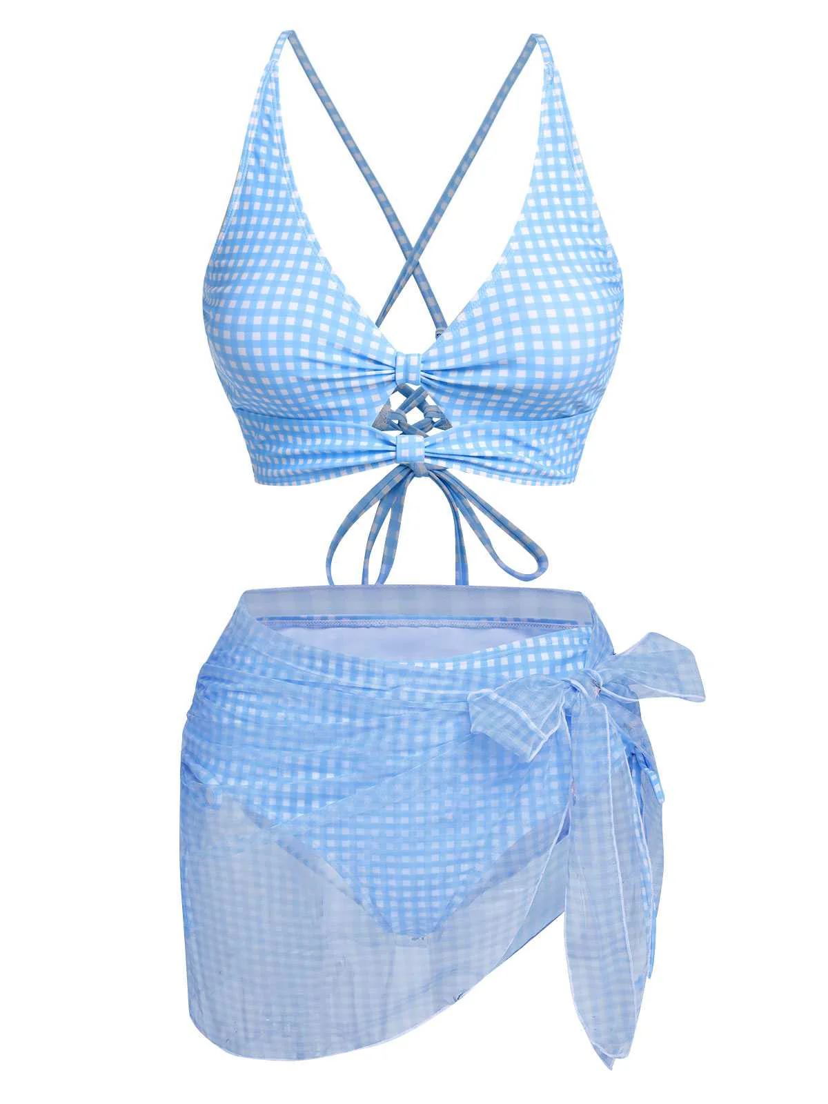 2PCS Maillot de bain à carreaux bleus des années 50 et cache-maillot en maille - Image 2