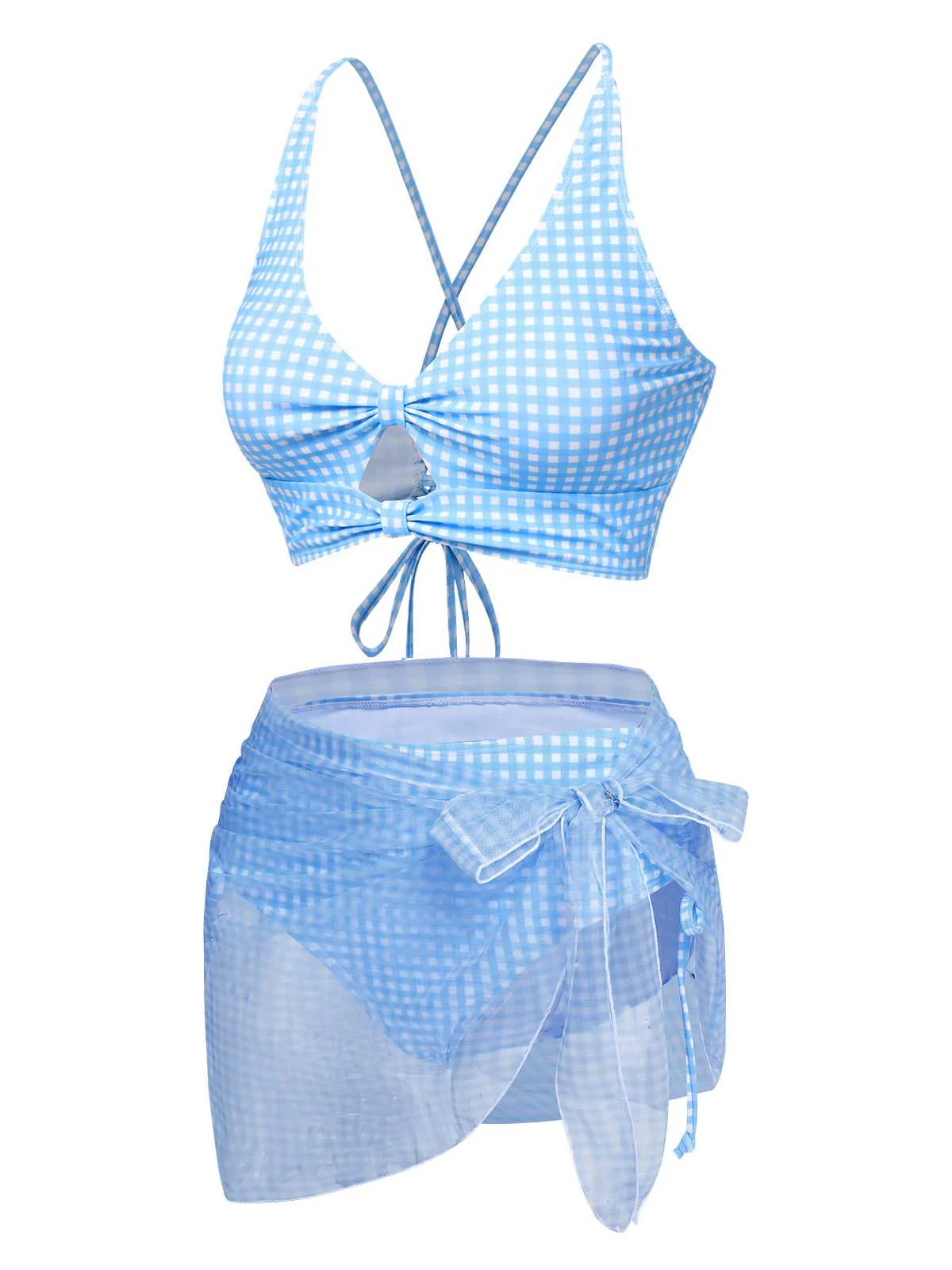 2PCS Maillot de bain à carreaux bleus des années 50 et cache-maillot en maille - Image 3
