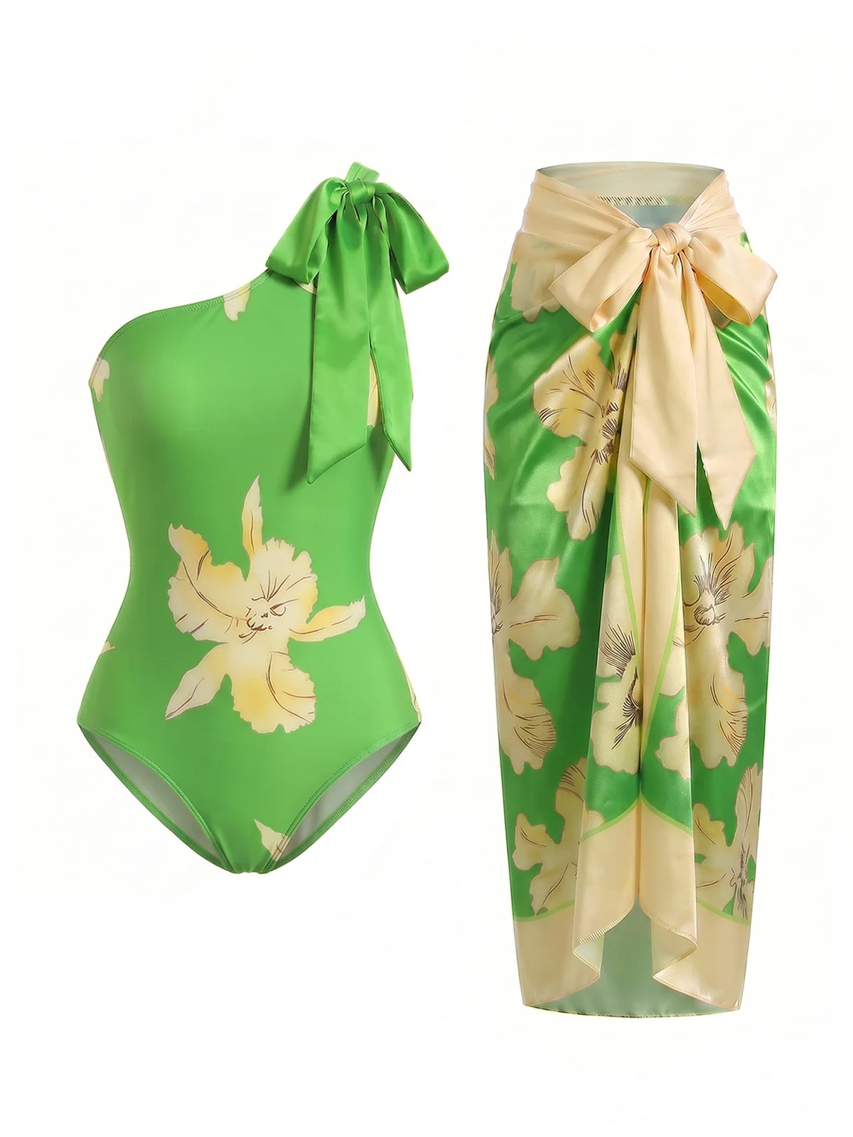 2PCS Maillot de bain asymétrique et paréo motif floral et feuilles d'érable années 70