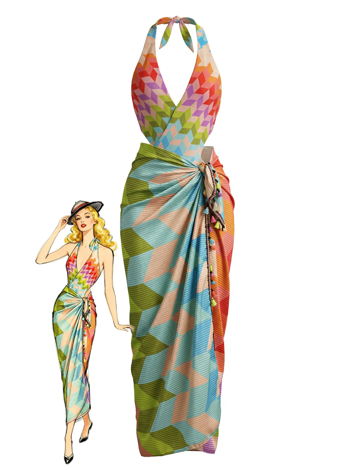 2PCS Maillot de Bain Bohèmes Géométriques Multicolores Années 1970