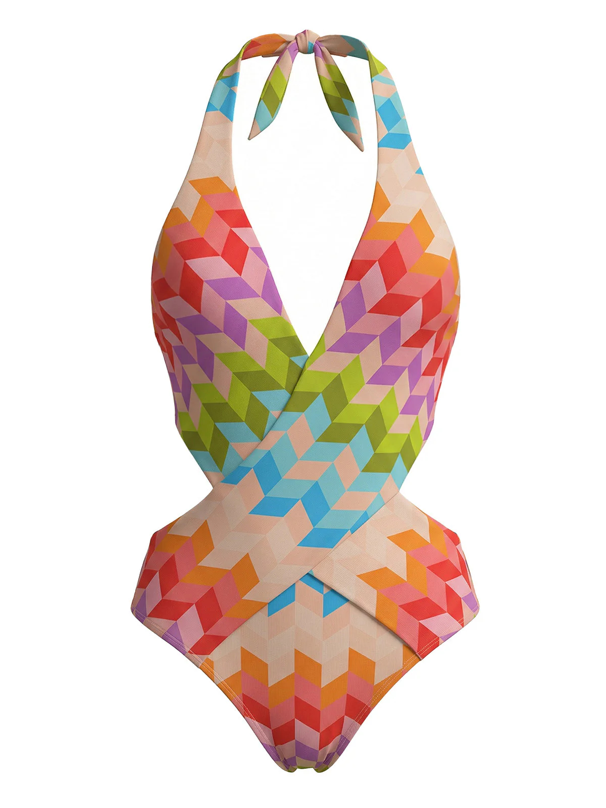 2PCS Maillot de Bain Bohèmes Géométriques Multicolores Années 1970 - Image 3