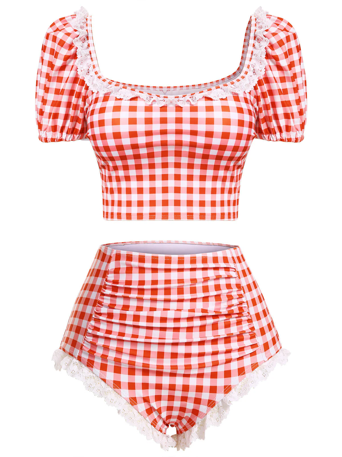 2PCS Maillot de bain en patchwork de dentelle à carreaux 1960s - Image 2