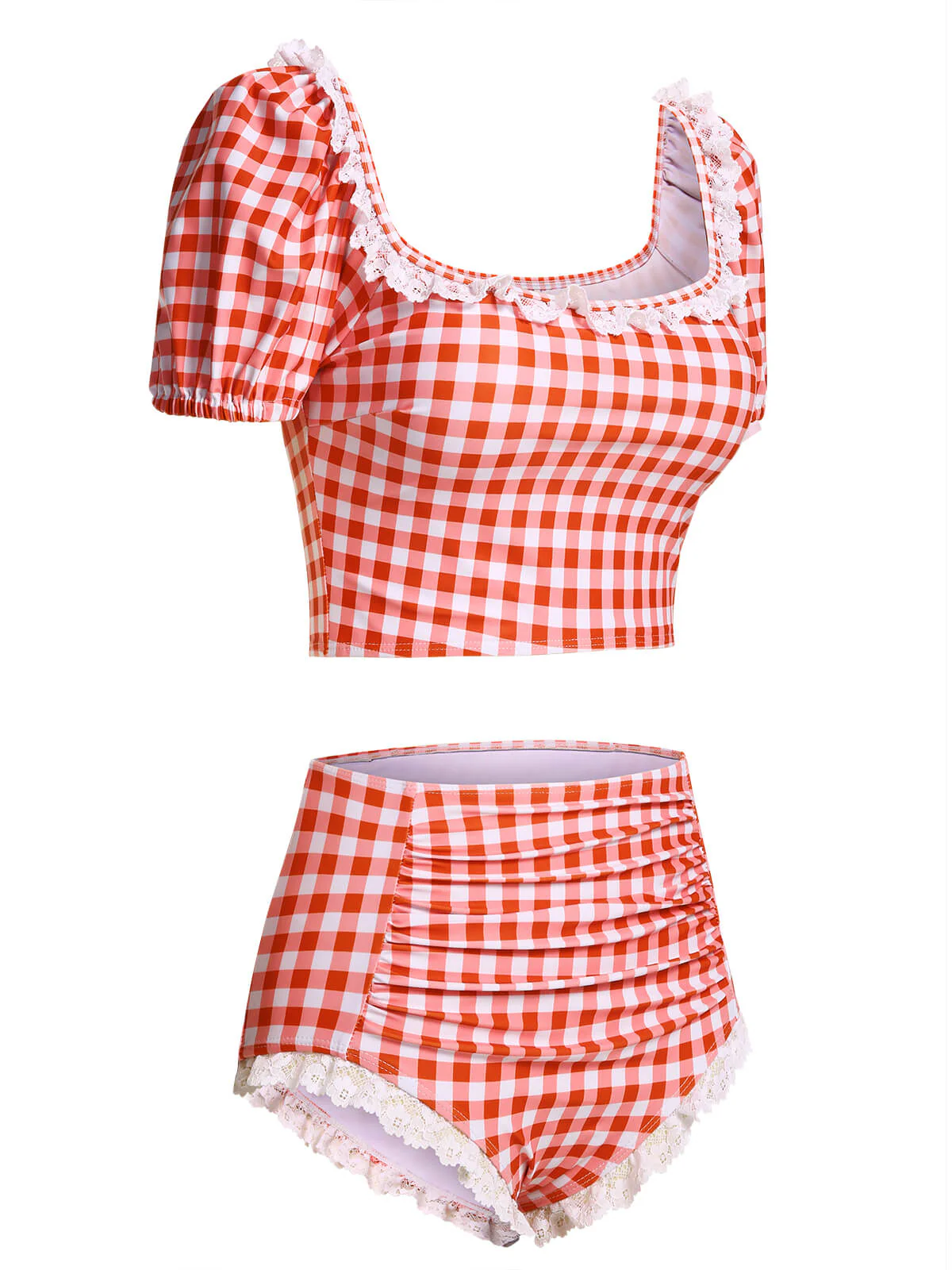 2PCS Maillot de bain en patchwork de dentelle à carreaux 1960s - Image 3