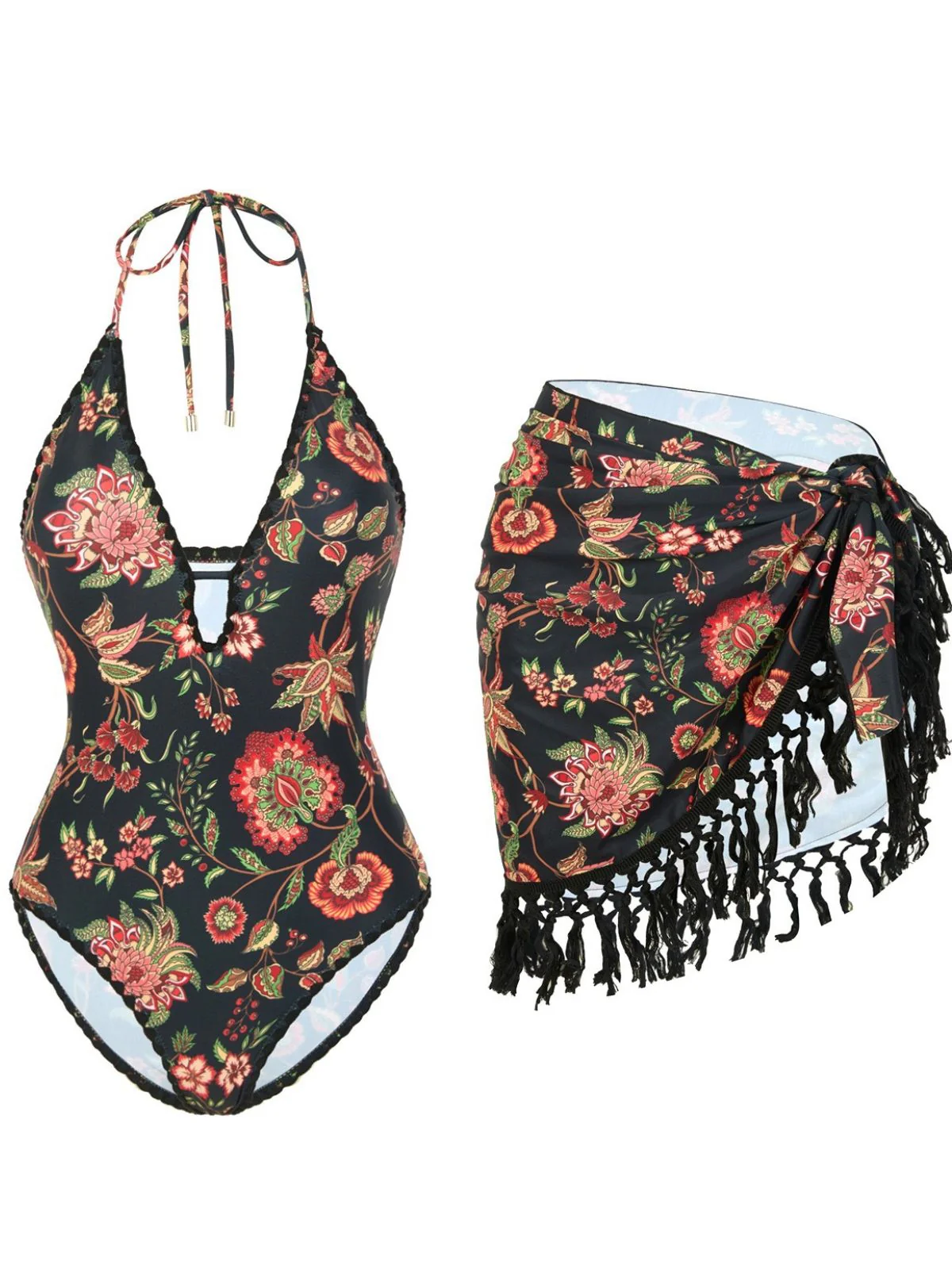 2PCS Maillot de bain et paréo à franges et décolleté en V profond années 1960