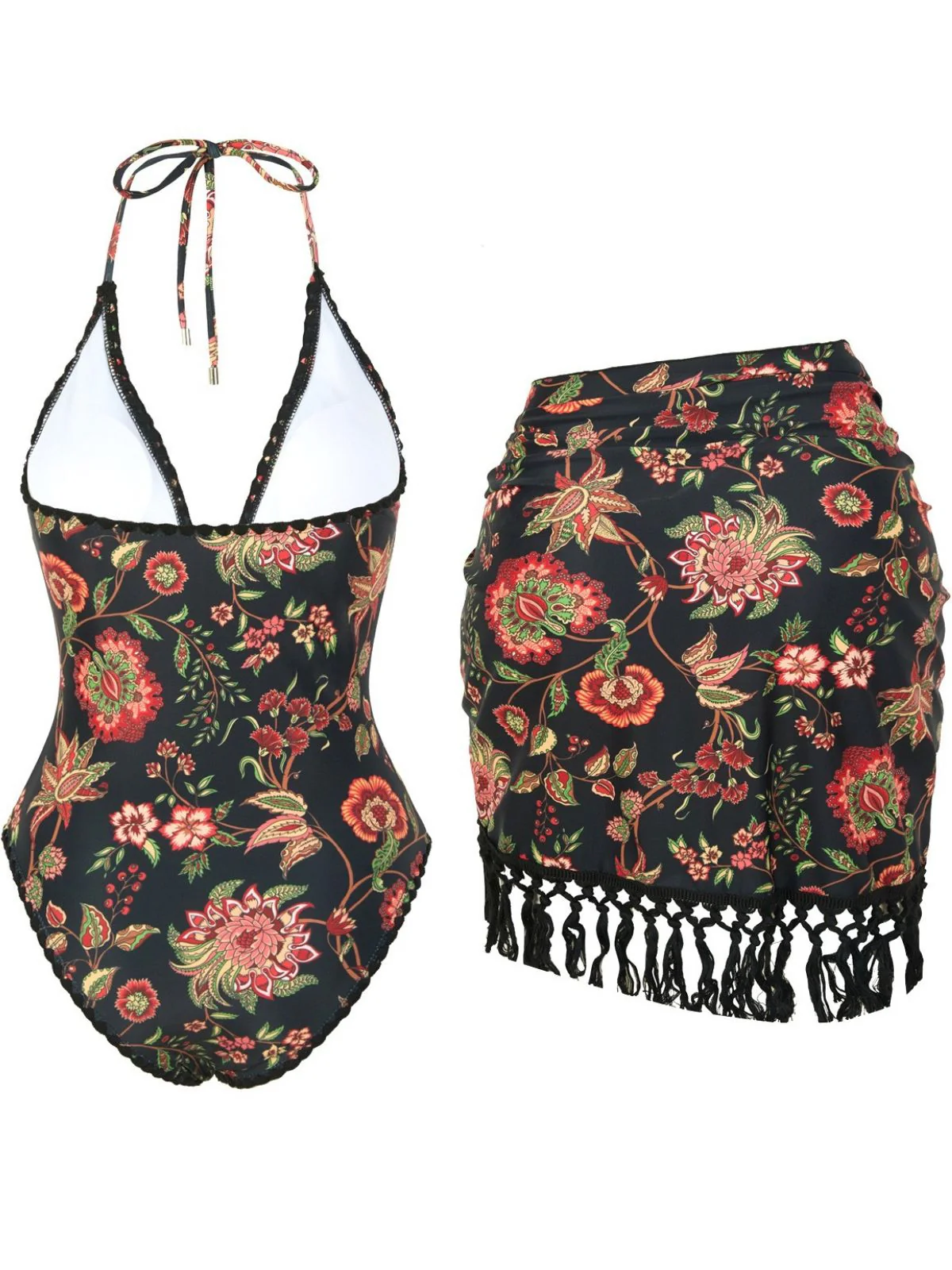 2PCS Maillot de bain et paréo à franges et décolleté en V profond années 1960 - Image 2