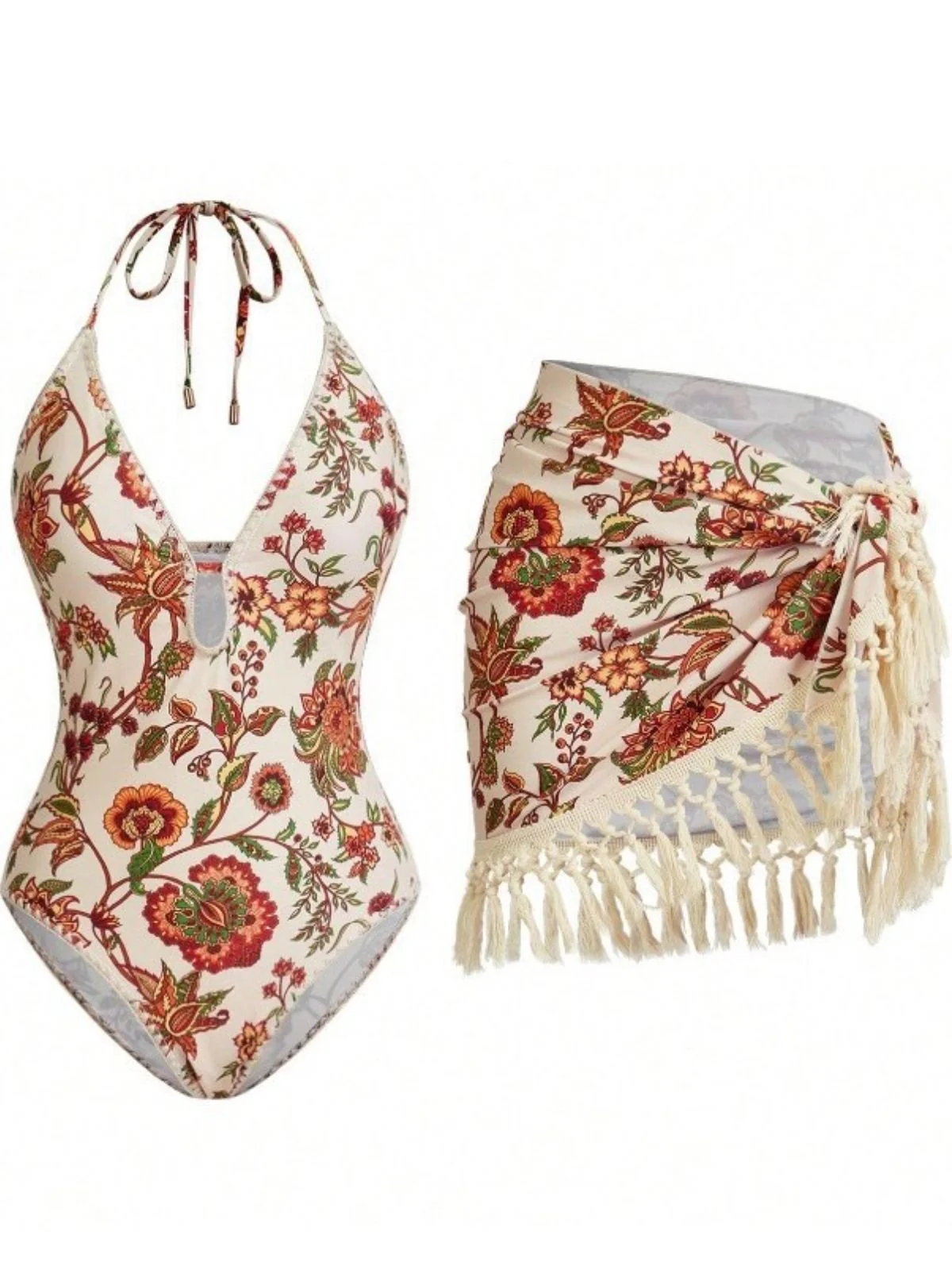 2PCS Maillot de bain et paréo à franges et décolleté en V profond années 1960 - Image 9