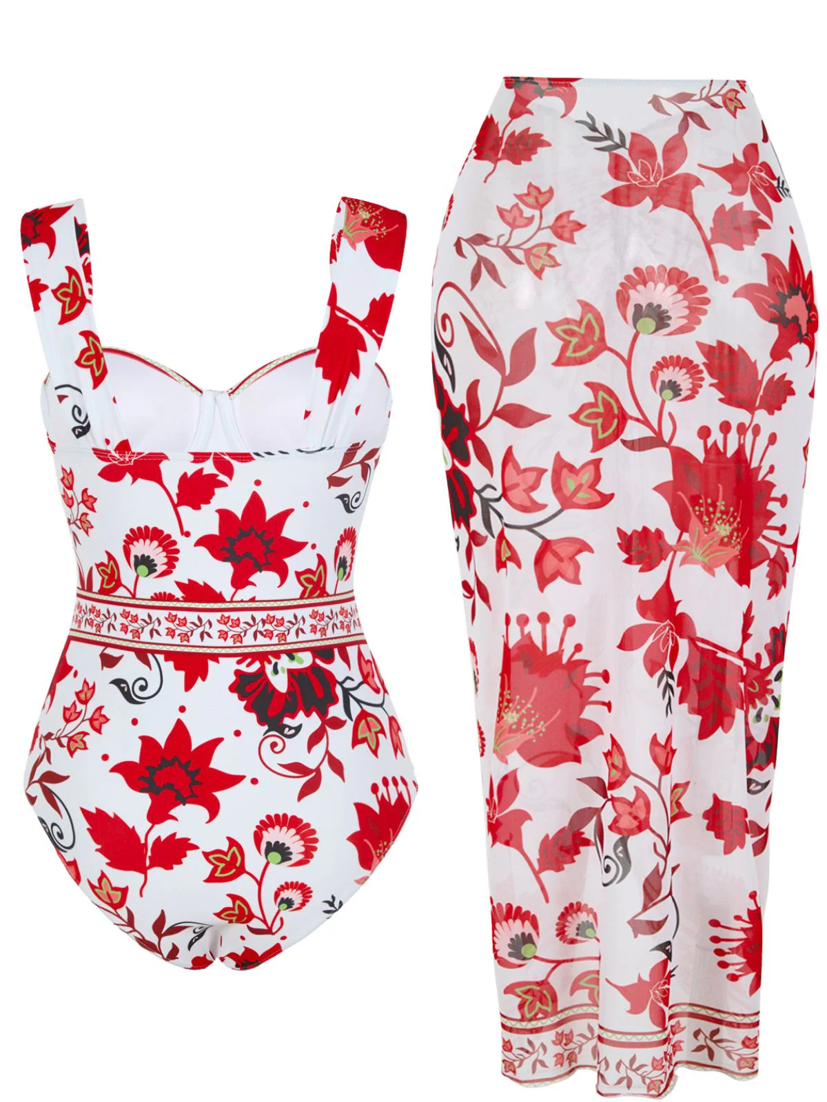 2PCS Maillot de bain larges bretelles et motif floral paréo années 1950 - Image 5