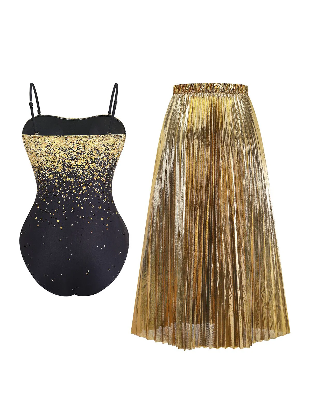 2PCS Maillot de bain paréo sequins dorés floral 3D 1980s - Image 3