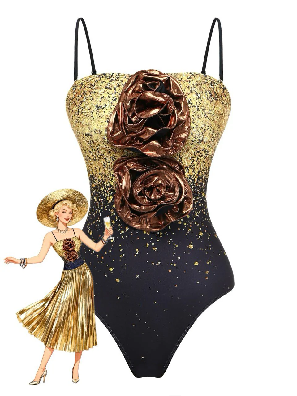 2PCS Maillot de bain paréo sequins dorés floral 3D 1980s - Image 4