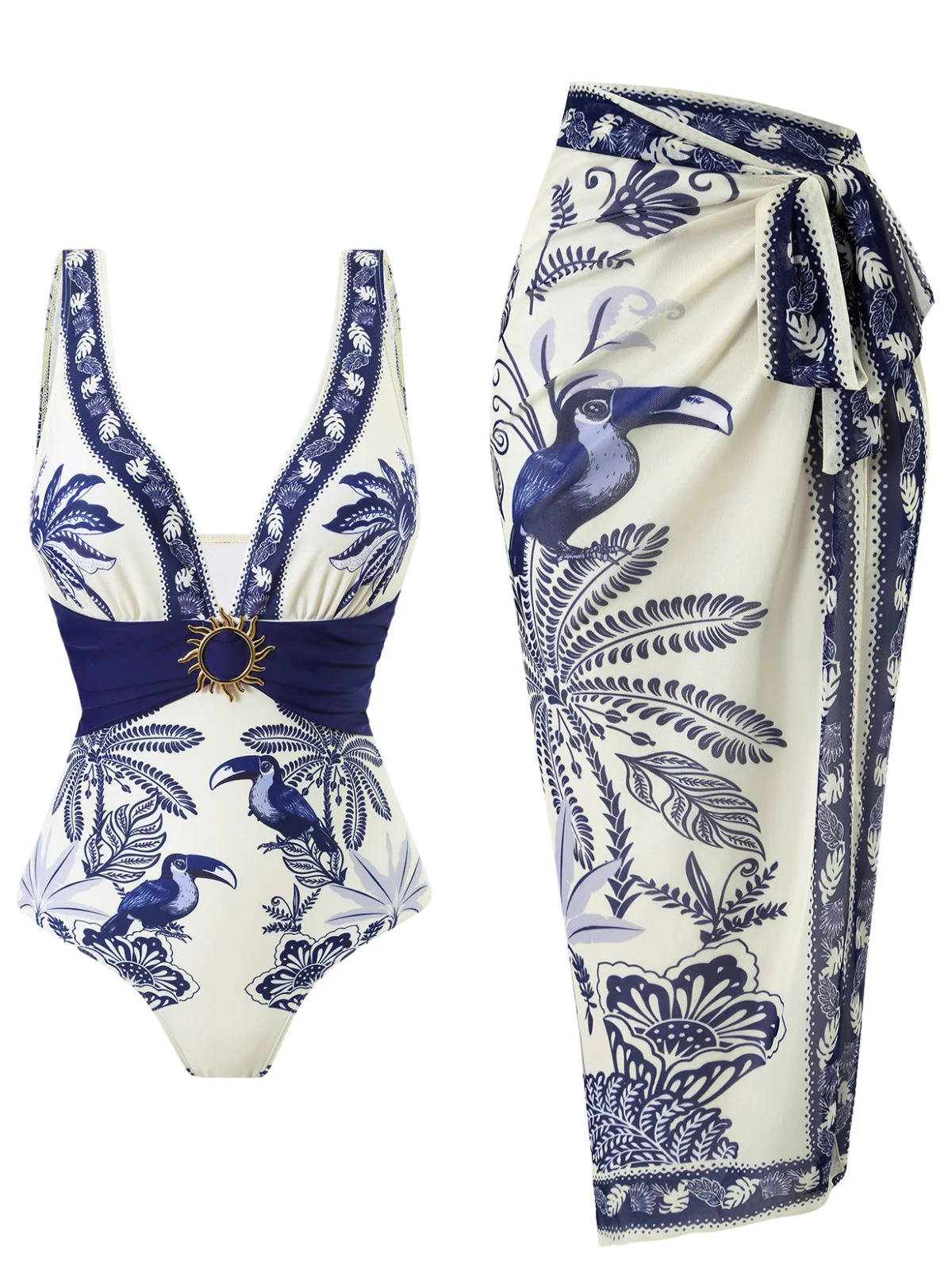 2PCS Maillot de bain une pièce et paréo bleus motif fleurs et oiseaux années 1930