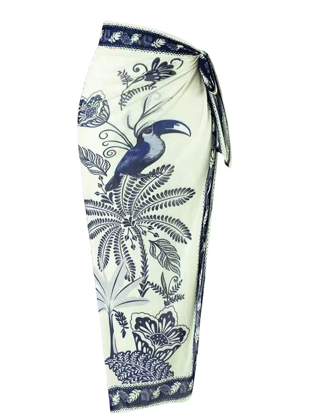 2PCS Maillot de bain une pièce et paréo bleus motif fleurs et oiseaux années 1930 - Image 4