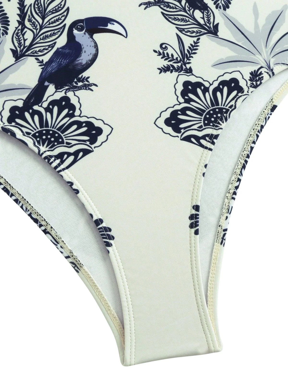 2PCS Maillot de bain une pièce et paréo bleus motif fleurs et oiseaux années 1930 - Image 5