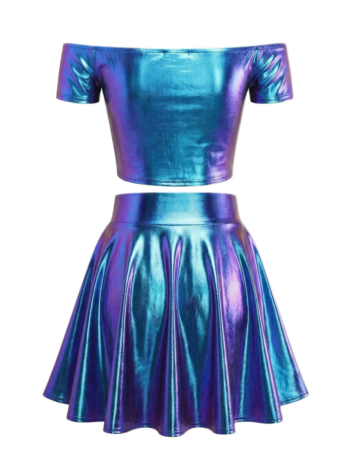 2PCS Haut disco métallisé à épaules dénudées et jupe plissée années 70 - Image 14