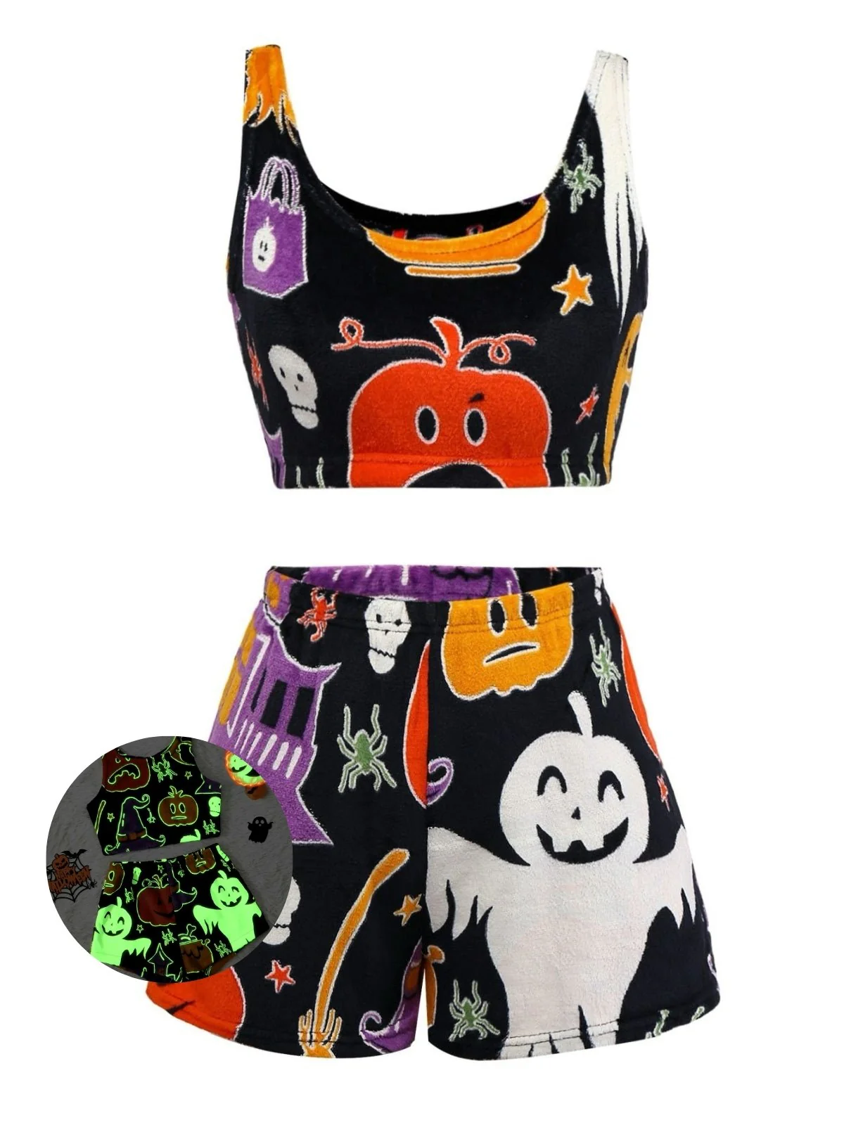 2PCS Pyjama en flanelle noire à motif fantôme d'Halloween des années 1970