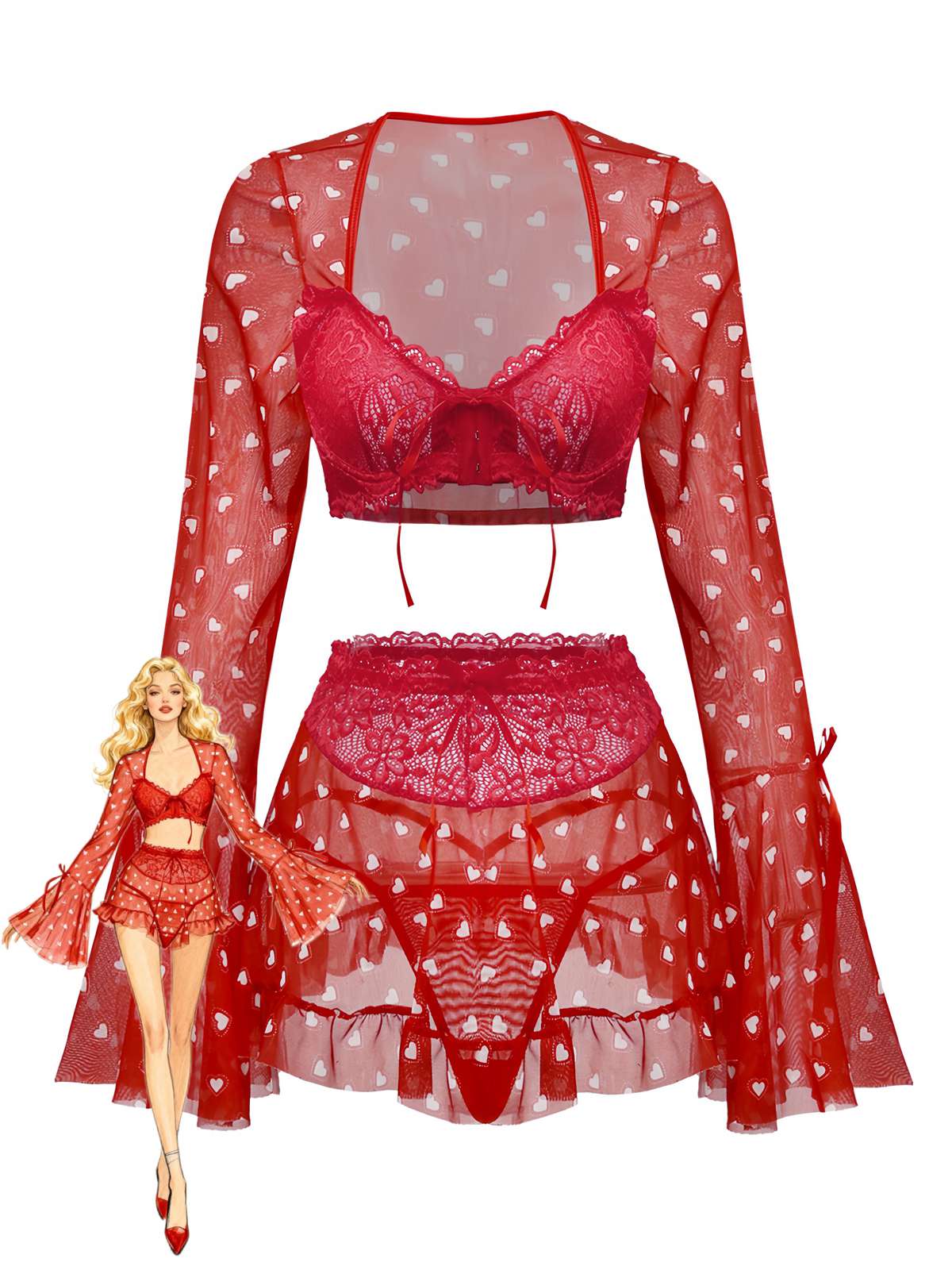 2PCS Pyjama rouge imprimé cœur à volants et nœud pour Valentin années 1960