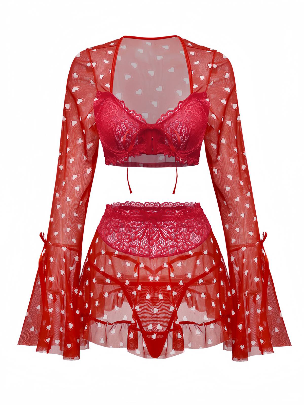 2PCS Pyjama rouge imprimé cœur à volants et nœud pour Valentin années 1960 - Image 4