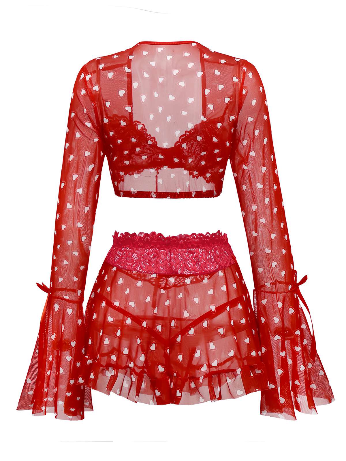2PCS Pyjama rouge imprimé cœur à volants et nœud pour Valentin années 1960 - Image 5