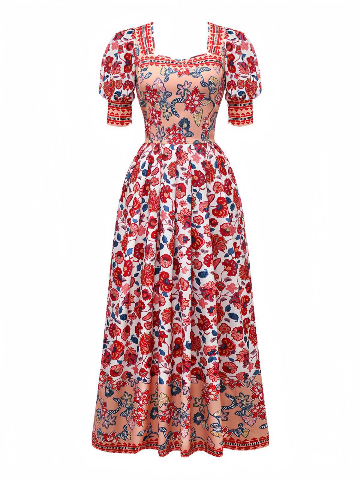 2PCS Haut manches lanternes et jupe froncée imprimé floral rouge des années 1930