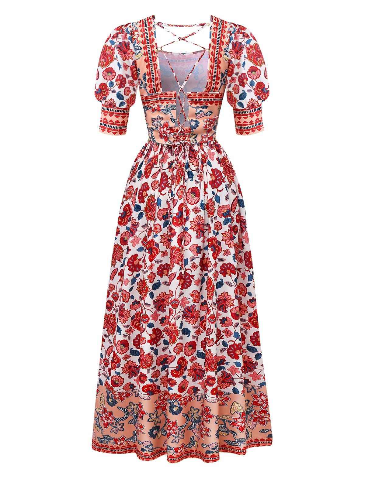 2PCS Haut manches lanternes et jupe froncée imprimé floral rouge des années 1930 - Image 2