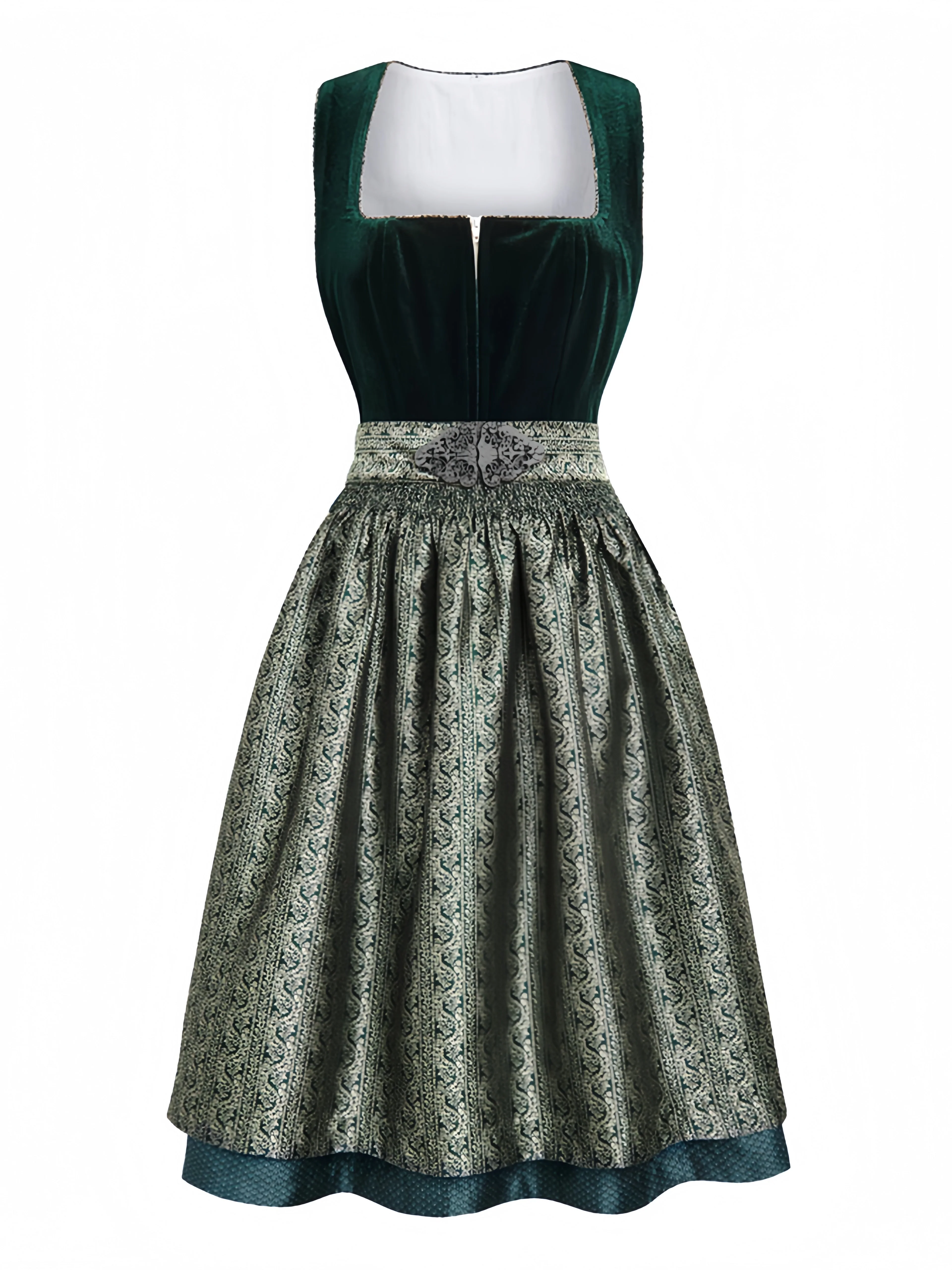 2PCS Robe Col Carré Velours Jacquard et Tablier Vert Années 1950 - Image 2
