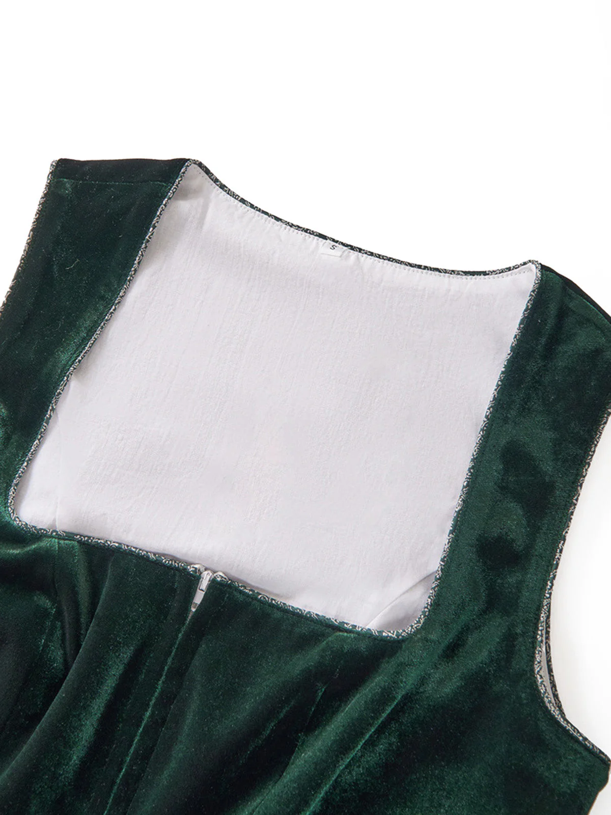 2PCS Robe Col Carré Velours Jacquard et Tablier Vert Années 1950 - Image 5