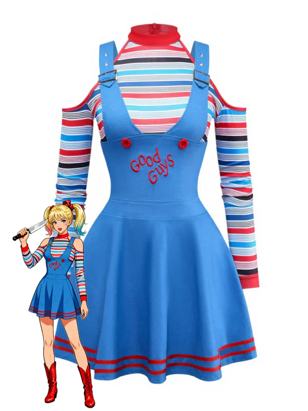 2PCS Robe gilet bleue et haut à rayures Child's Play Halloween des années 1960