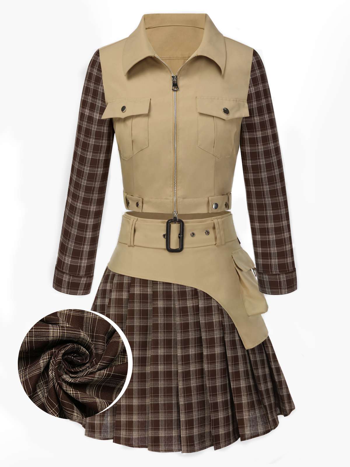 2PCS Veste patchwork à carreaux et jupe plissée kaki et marron années 1960 - Image 2