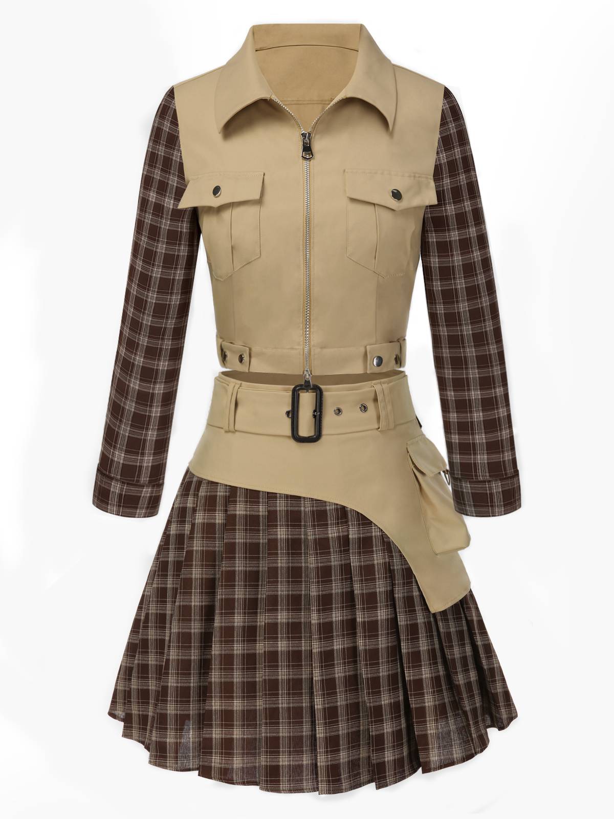 2PCS Veste patchwork à carreaux et jupe plissée kaki et marron années 1960 - Image 3
