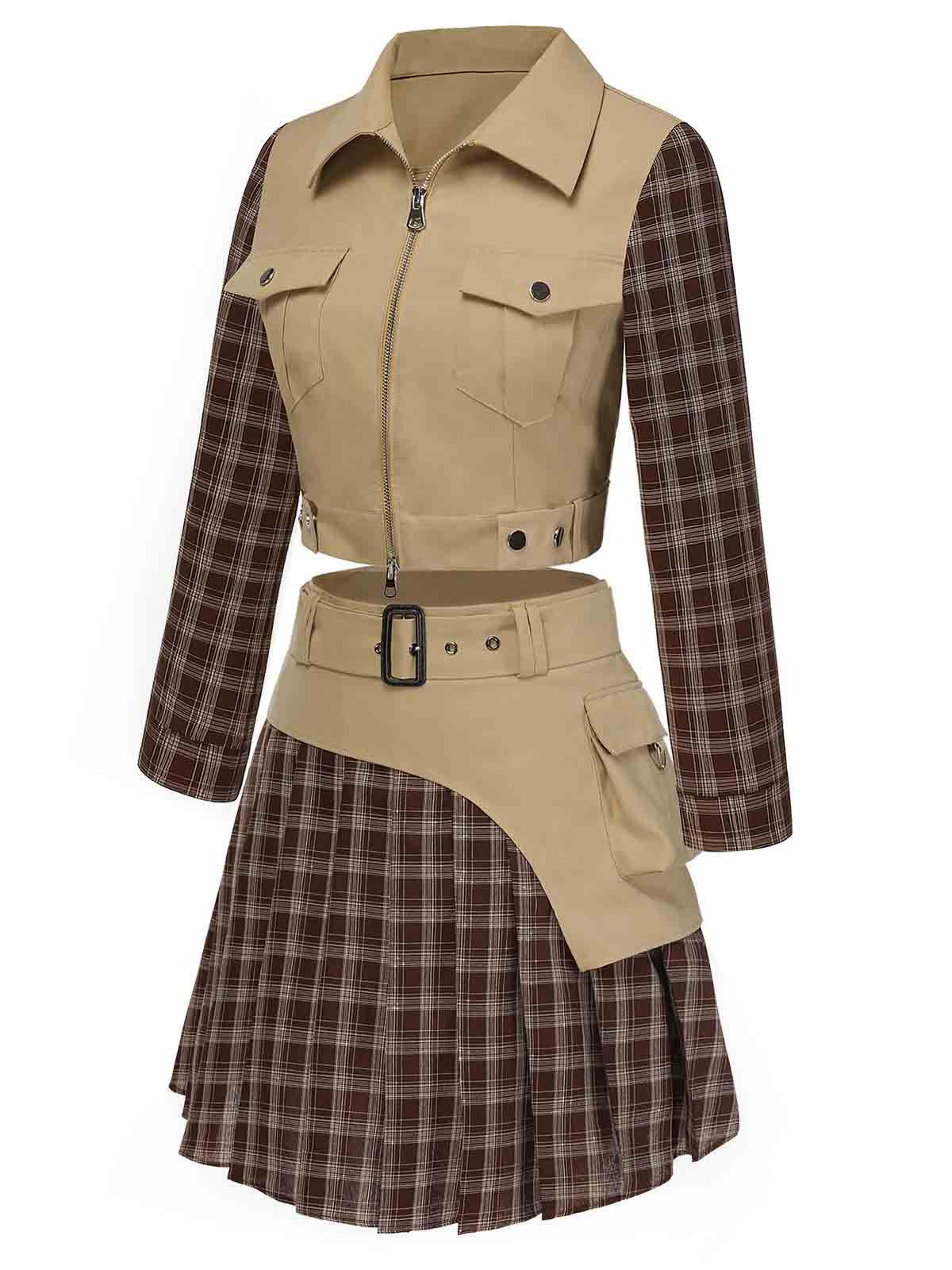 2PCS Veste patchwork à carreaux et jupe plissée kaki et marron années 1960 - Image 4