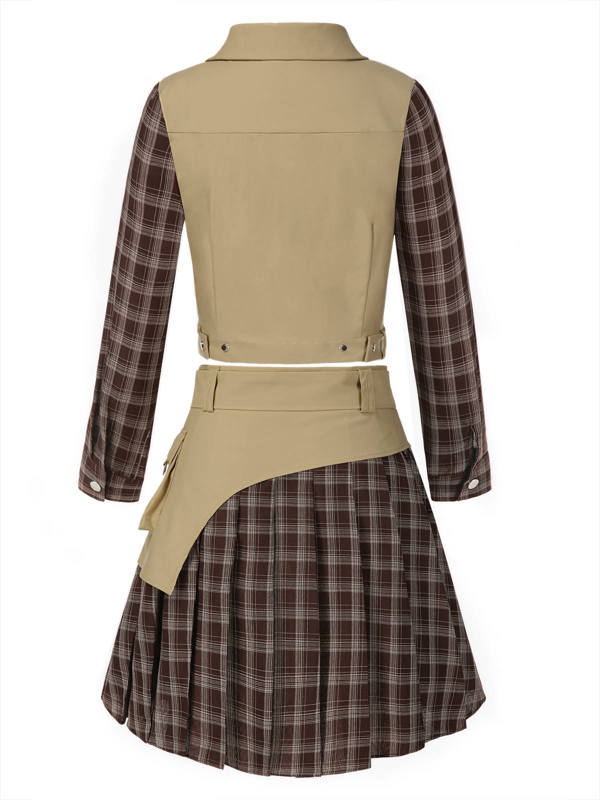 2PCS Veste patchwork à carreaux et jupe plissée kaki et marron années 1960 - Image 5