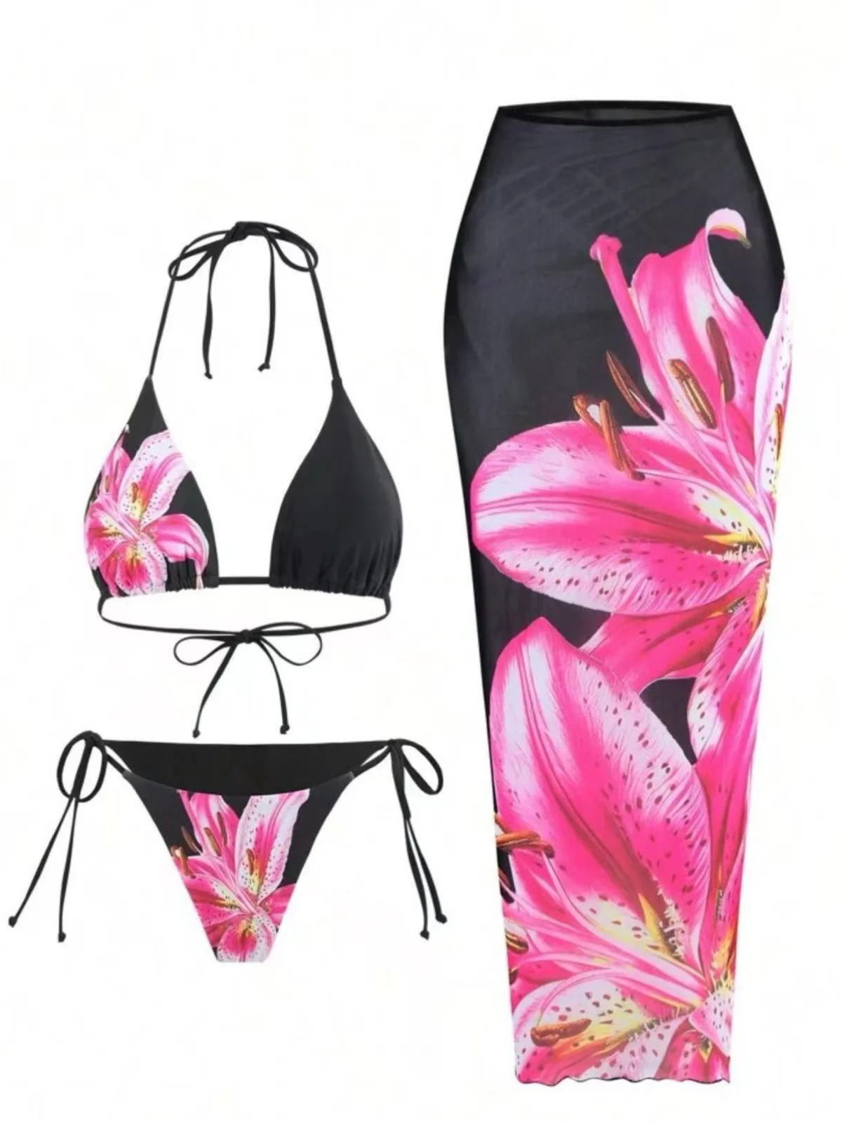 3PCS Bikini et Cache-Maillot Imprimé Lys Années 1950